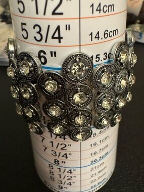 Rhinestone Embellished Silver-Tone Wide Cuff Stretch Bracelet